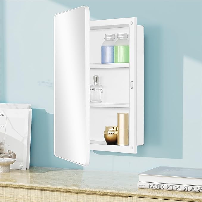 Fundin White Plastic Medicine Cabinet, Mirror Door with Round Corner Metal Frame, Recessed and Surface Mount Bathroom Wall Medicine Cabinet, 16 x 22 inch Mirror Size