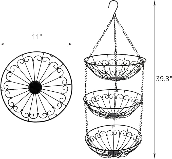 Dicunoy 3-Tier Hanging Fruit Basket, Heavy Duty Wire Baskets for Kitchen, Rustic Hanging Veggie Rack, Metal Fruit Holder with Hook Storage for Potatoes, Onions, Oranges, Bananas, Limes, Lemons