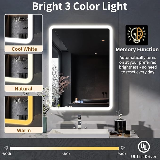 BEAUTYPEAK 24 x 32 LED Bathroom Medicine Cabinet Mirror, Adjustable Shelves, Silver Aluminum Cabinet, Anti-Fog Stepless Dimmable 3 Colors White/Natural/Warm, Easy to Install(Wall Mount/Recessed)
