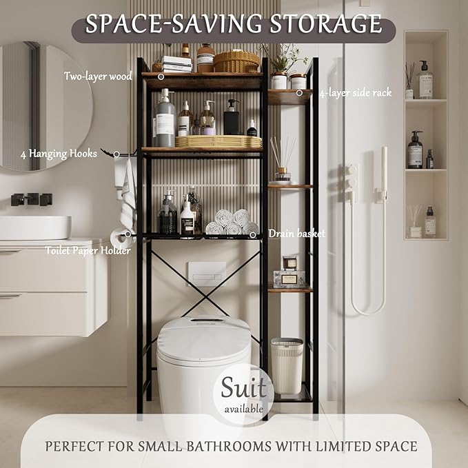 homyfort Over The Toilet Storage Cabinet, 3-Tier Bathroom Shelves Over Toilet, Easy Installation with Drain Basket, Side Rack, X Shape Side Guardrail, Freestanding Toilet Rack for Balcony, Laundry