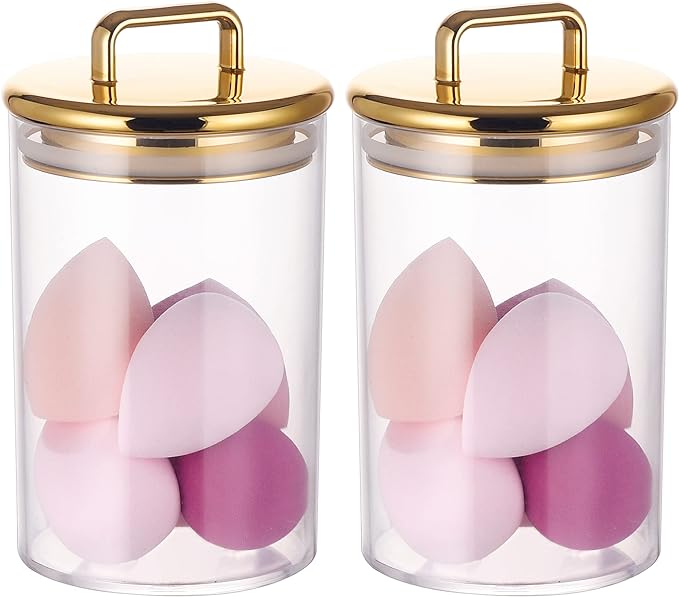 2 Pack 24 oz Medium Acrylic Storage Apothecary Jar with Gold Airtight Lid | Bathroom Vanity Organizer Containers | Ideal Decorative Canisters for Shells, Bath Salt, Grains, Cotton Ball, Flossers