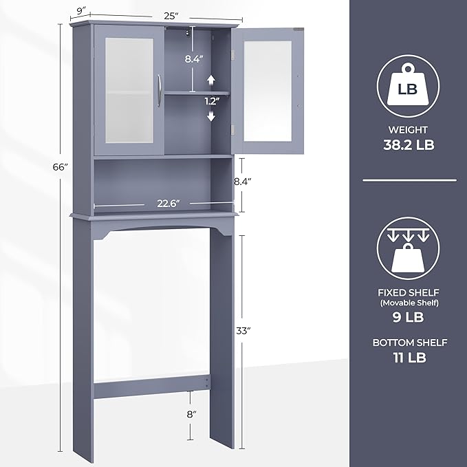 Yaheetech Over The Toilet Storage Cabinet, Free Standing Toilet Rack with Adjustable Shelves and Tempered Glass Doors for Bathroom Washroom, Grey
