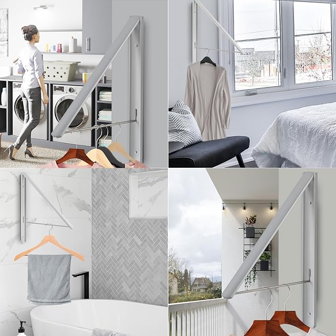 Foldable Clothes Drying Rack, Wall Mounted Retractable Drying Rack Clothes Hanger for Laundry, Bathroom, Balcony Use, Space Saving Laundry Racks and Closet Organizer, Aluminum (Silver)