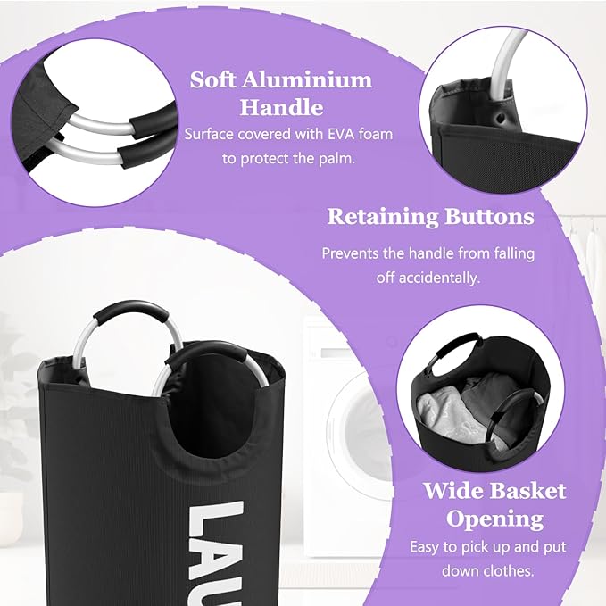 2Pcs 95L Collapsible Laundry Basket for Men, Tall Laundry Basket with Handles, Dirty Clothes Hamper in 600D Oxford Fabric, Freestanding Clothes Hampers for Bedroom, Dorm, Navy Blue + Black