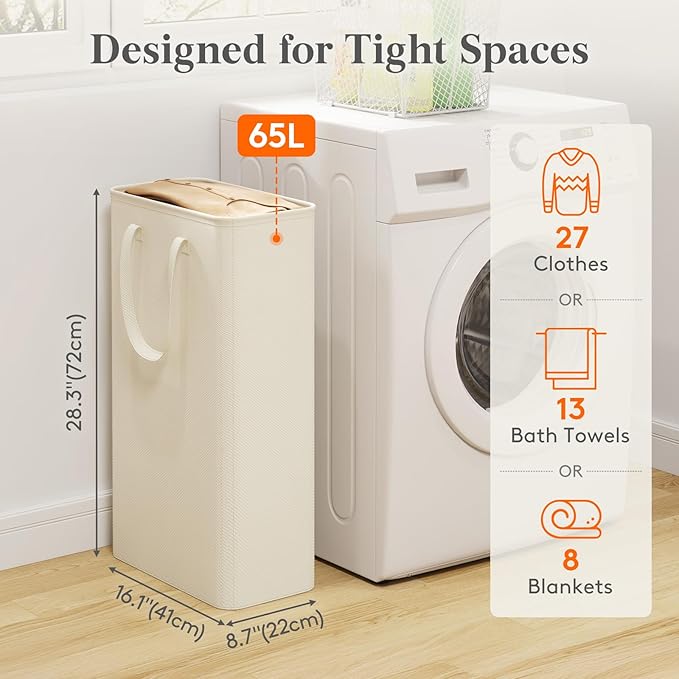 Lifewit 65L Slim Laundry Hamper, Narrow Small Laundry Basket with Handle for Dirty Clothes, Collapsible Tall Thin Laundry Bin for Bathroom Bedroom Dorm College, White