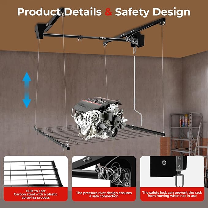 TBVECHI Overhead Garage Lifting Storage Rack, 4x4 Ft Heavy-Duty Metal Garage Ceiling Rack, Storage Organizer System with 79''L Adjustable Height, 300lbs Weight, Matte Black