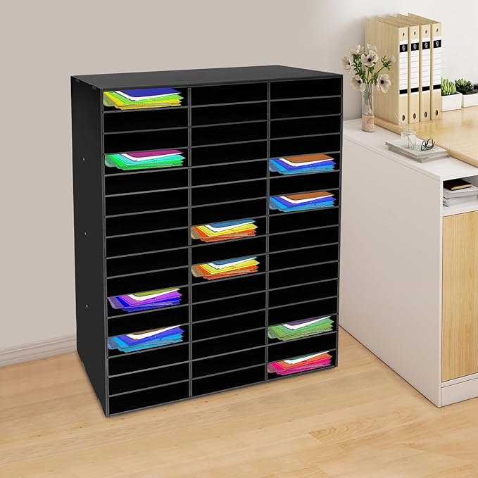 48 Compartments Literature Organizer, PVC Mail Sorter with Removable Shelves, 110 lbs Capacity Paper Storage Cabinet for Office Home Classroom, File Sorter for Document & Mail (Black)