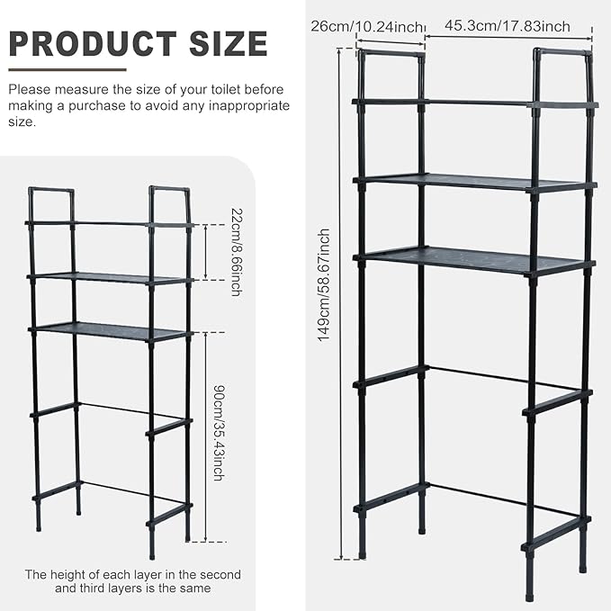 Black 3-Tier Bathroom Organizer - Freestanding Above Toilet Storage Rack, Space Saver for Home Bathroom