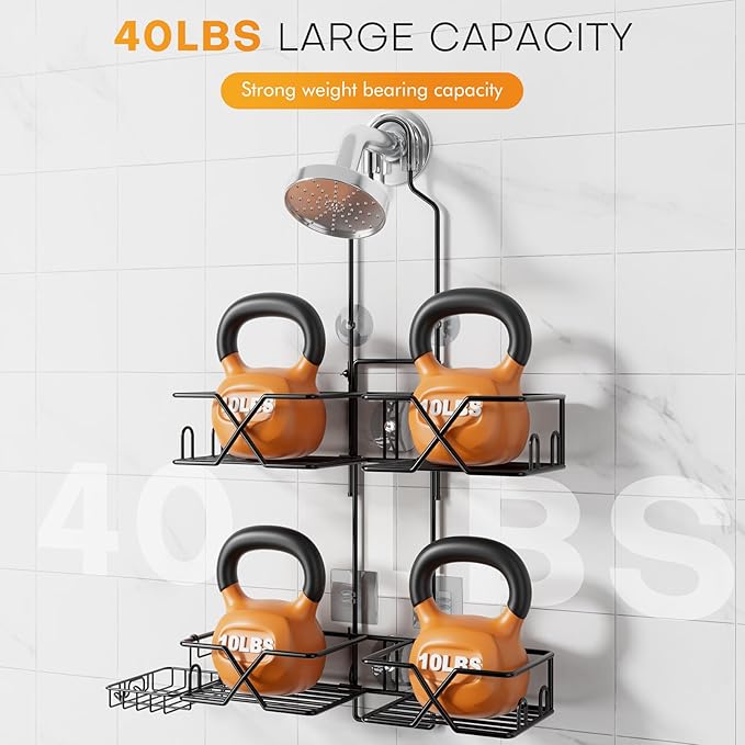 Adjustable Height Shower Caddy Hanging for Handheld Shower Heads, Shower Racks with Soap Holder 8 Hooks, No-Drilling, Anti-Swing, Bathroom Storage Shower Organizer