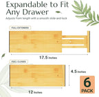 Adjustable Bamboo Drawer Dividers 6 Pack, Expandable Drawer Organizer for Kitchen, Bedroom, Bathroom and Dresser, Each Divider Expands from 12" to 17.5" Height 4.5 – Free Mat Included in Package.