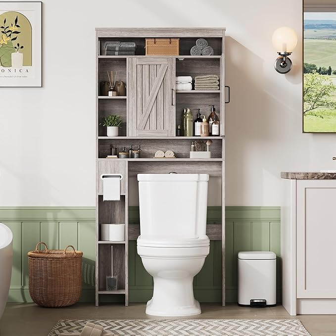 Over The Toilet Storage Cabinet, Farmhouse Storage Cabinet Over Toilet with 2 Barn Door & Toilet Paper Holder Stand, Freestanding Space-Saving Toilet Storage Rack for Bathroom, Laundry, Gray