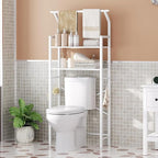 2-Tier Over The Toilet Storage, Multifunctional Vertical Over Toilet Bathroom Organizer, Freestanding Bathroom Storage Shelves with Hooks, Bathroom Organizer, Rustic Brown and Black TR01WT