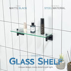 KOKOSIRI Bathroom Shelves Glass Floating Shelf 16-Inch for Bedroom Living Room Kitchen Hanging Rack Rustproof Wall Mounted Black 2 Pack B1105BK-L16-P2