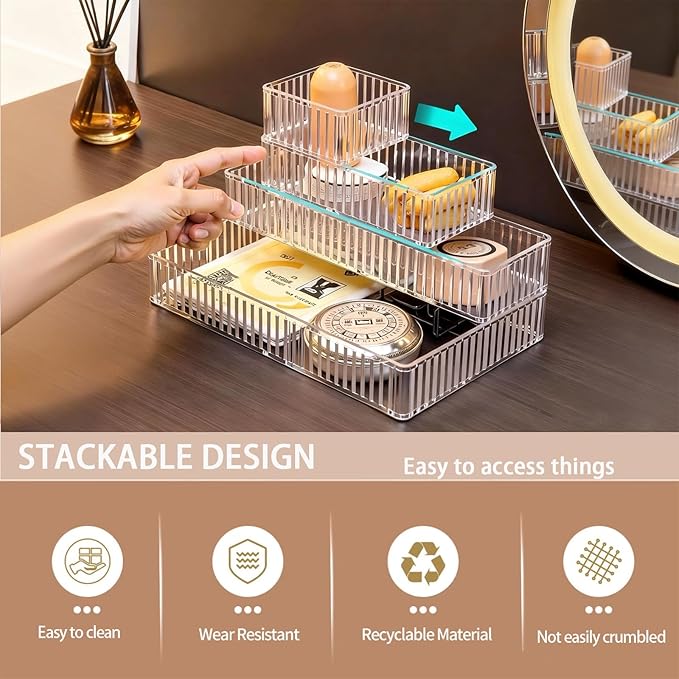 Makeup Drawer Organizer Bins Set - 7 PCS 4-Size Clear Bathroom Drawer Organizers Trays, Desk Junk Vanity Drawer Organizer Storage, Kitchen Utensils, Bathroom, Jewelries and Office