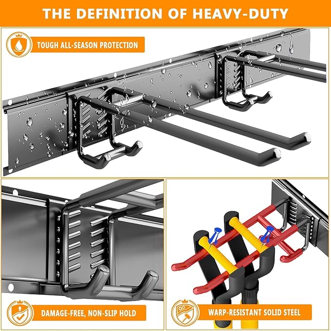 64'' Garage Tool Organizer Wall Mount - Heavy Duty 680 lbs Capacity Tool Rack with 10 Adjustable Hooks, Wall Mounted Storage System for Garage, Shed, Workshop (Black)