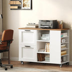 Lateral File Cabinet, Printer Stand with File Drawers and Open Shelves, 2-Drawer Mobile Lateral Filing Cabinet with Locking Casters, for Home Office Storage, Walnut and White