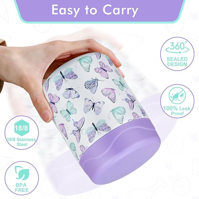12oz Soup Thermo for Hot Food Kids Insulated Food Jar Wide Mouth Lunch Container Leak Proof Stainless Steel Vacuum Bento Box for School Office Travel Outdoors White-Butterfly