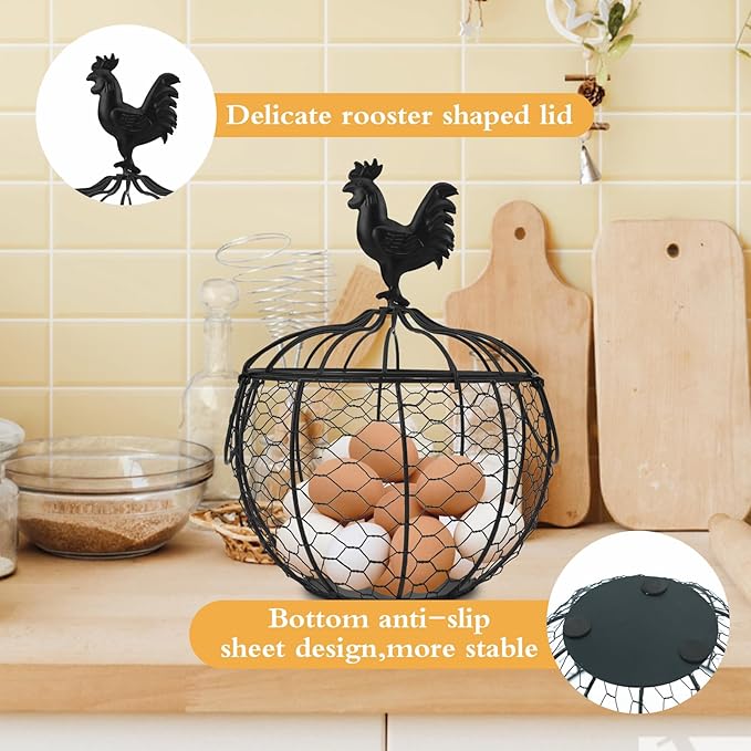 Wire Egg Basket for Gathering Fresh Eggs Collecting Basket With Handle, Decorative Egg Metal Basket for Counter, Fresh Chicken Egg Basket With Chicken Decorated Lid, Countertop Egg Fruit Storage