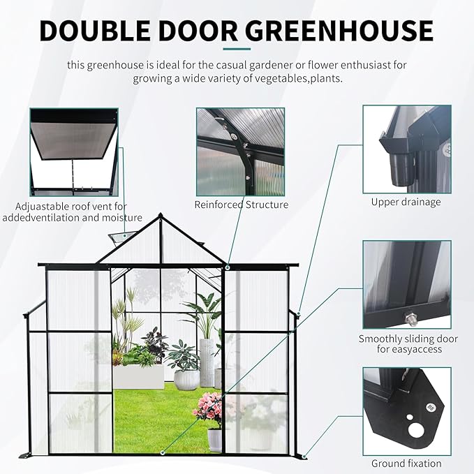 8X8 FT Outdoor Greenhouse, Greenhouse Polycarbonate with Roof Vent, Sliding Lockable Door, Aluminum Walk-in Greenhouses for Outdoor Garden Backyard, Terrace, Lawn，Black