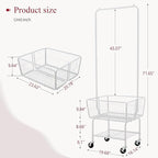 Tajsoon Laundry Cart with Hanging Rack, Metal Laundry Basket with Wheels, Laundry Hamper with Storage Basket and Shelf, Rolling Laundry Cart with Wheels, White