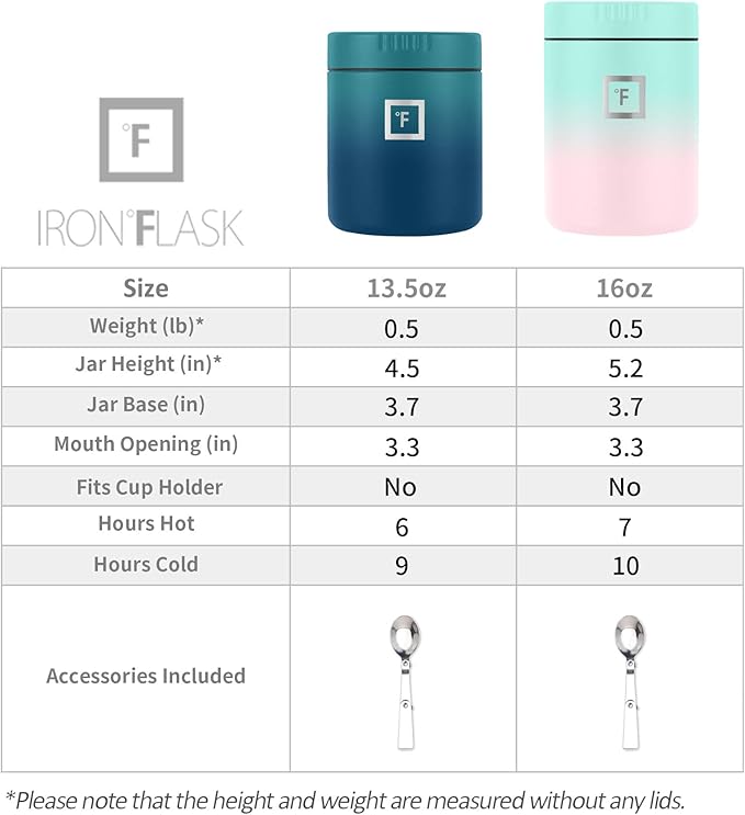 IRON °FLASK Food Jar for Hot Food & Soup - 13.5 Oz Insulated Food Jar with Foldable Spoon - Leak Proof, Stainless Steel, Storage, Canteen, Double Walled - 13.5 Oz - Sky