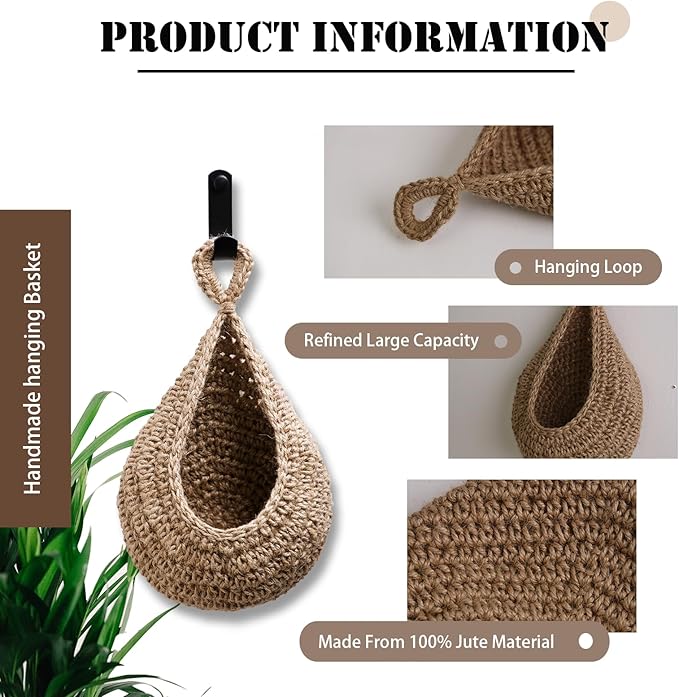 Hanging Fruit Large Basket Set of 3, Boho Wall Hanging Storage Basket for Organizing, Handmade Teardrop Hammock Holder for Fruit Vegetable in Home & Restaurant Kitchen with Hooks, Linen