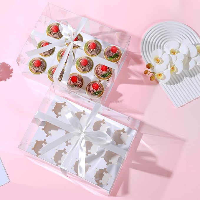 JCD 5.5inches height 4 Sets x 12 Counts Cupcake Containers Clear Plastic Cupcakes Box 12 Holders Dozen Cupcake Boxes, Disposable Cupcake Carrier Holder with Detachable Lid, BPA Free(12count/4pcs)