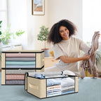 HomeHacks Storage 10-Pack Clothes Organizer Storage Bags Foldable Storage Box with Large Clear Window Sturdy Handles for Closet, Dorm, Pillows, Bedding, Clothes, Blankets, 35L, Beige