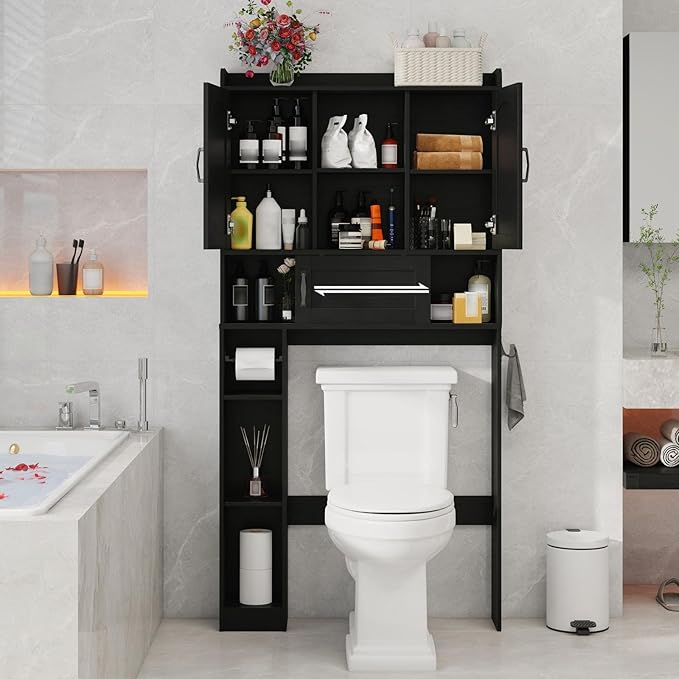 Vabches Farmhouse Over The Toilet Storage Cabinet with 2 Barn Doors & Sliding Door, Over The Toilet Bathroom Organizer with Open Storage Layer and Adjustable Shelves & Hooks.Black