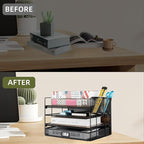 4 Tier Desk Organizers and Accessories, Paper Letter Tray Organizer,Vintage Wood Desk File Organizer with Drawer and 2 Pen Holders for School Home Office Supplies