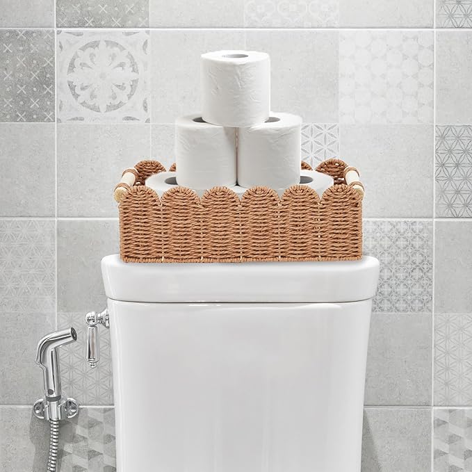Garvee 2-Pack Scalloped Wicker Baskets for Organizing, Woven Paper Rope Storage Bins with Handles, Toilet Paper Basket Decorative for Countertop, Shelf, Bathroom, Tank Top