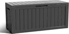 ROJIK Outdoor Storage Housing Deck Box - Waterproof Patio Furniture, Garden Tools, Cushions, Pool Accessories Storage Bench with Lockable Lid and Side Handles (Black 90 Gal)