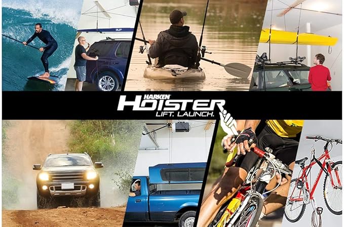HARKEN Hoister Standard Cargo Carrier Overhead Garage Storage 4-Point Hoist System for 90lb Carriers, Kayaks, Boxes, Canoes, Surf & Paddle Boards, (90lb Capacity, 10ft Ceiling), Model 7802