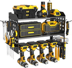Power Tool Organizer, Heavy Duty Wall Mount Tool Organizer 3 Layers with 4 Drill Holders, Garage Tools Storage Rack with 2 Side Pegboards and Hooks for Workshop, Shed, Black