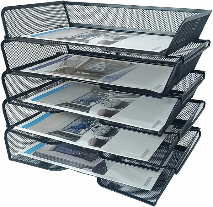 5 Tier Metal Mesh Desk Organizer-Stackable Letter Trays for Office Supplies,Black File Storage System with Reinforced Edges