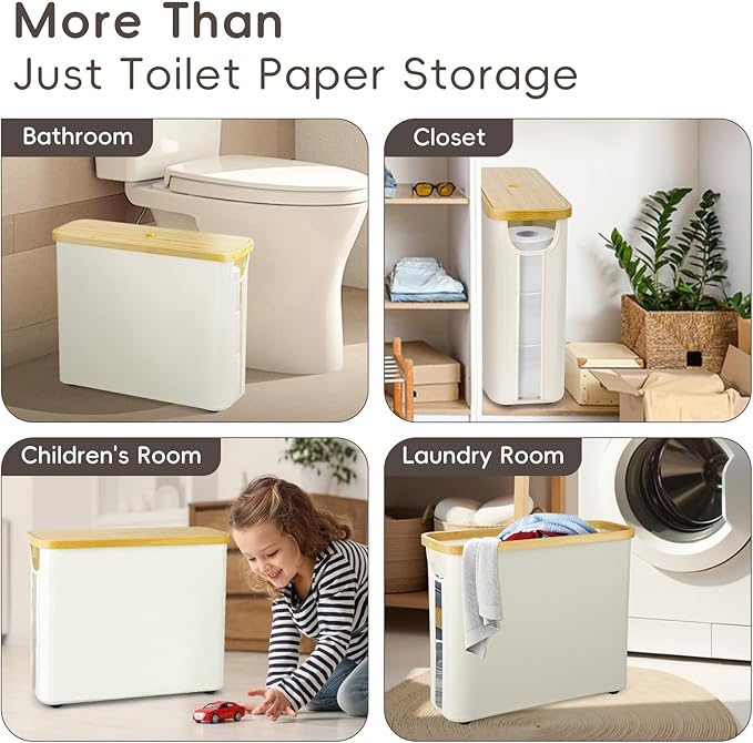 Toilet Paper Storage for Bathroom, Slim Basket Holder with Bamboo Lid, Foldable Organizer with Handle, Freestanding Stand for Small Spaces
