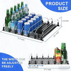 6 Rows Black Drink Organizer for Fridge, 3rd Gen Refrigerator Organizers and Storage, Automatic Pusher Glide and Adjustable Width Can Organizer for Refrigerator - Holds up to 30 Cans