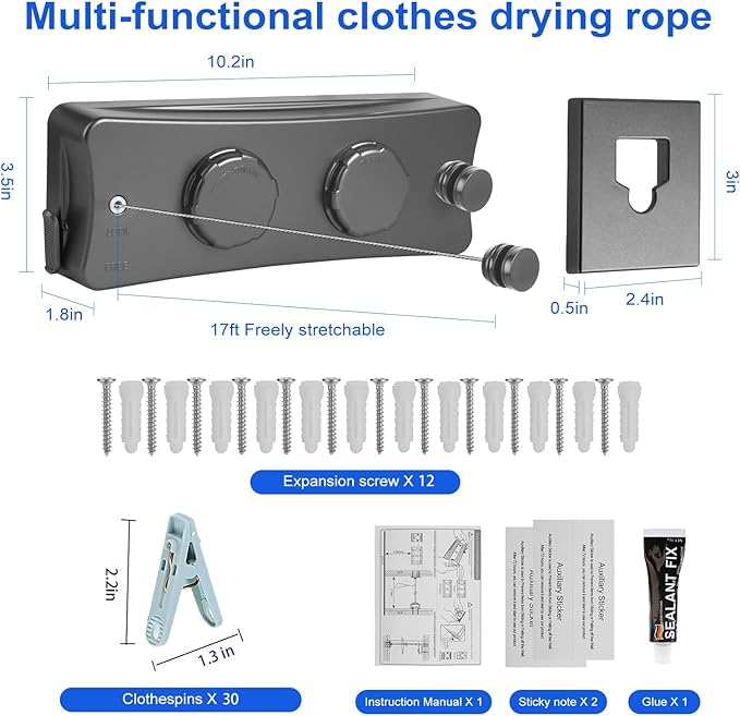17Ft Retractable Clothesline Indoor/Outdoor, Comes with 30 clothespins, Anti-Sag for Drying Clothes line retracting Indoor/Outdoor, Dual-Line with Each Line 17Ft Long Laundry line Retractable