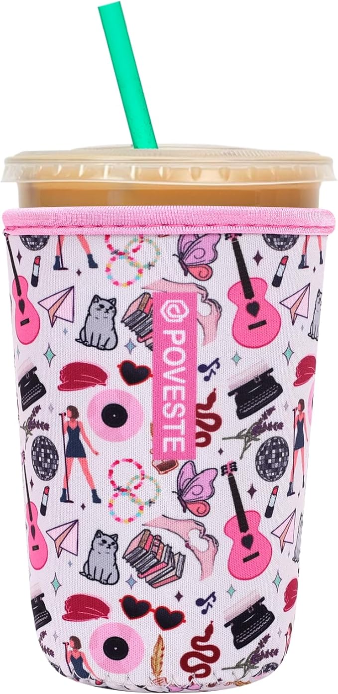 Reusable Neoprene Insulator Sleeve for Iced Coffee & Cold Soda, Coffee Sleeves for Iced & Hot Drinks, Cold Beverage Cooler Compatible with Starbucks, Dunkin (On Tour Pink, Medium: 22-24oz)