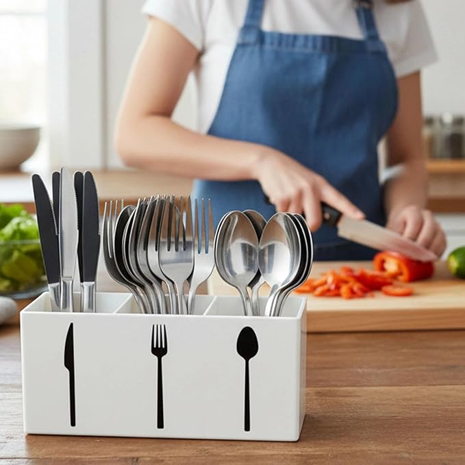 Utensil Holder,Kitchen Countertop Organizer,Silverware Organizer,3 Compartments Silverware Caddy,Plastic Utensil Holder, Large Capacity Cutlery, Spoon, Fork, and Knife Rack (White)