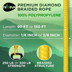 TECEUM Rope – 150 Feet x 1/4 Inch (7mm) – Yellow – Strong All-Purpose Utility Rope – Camping, Crafting, Flag Pole, Indoor & Outdoor – Polypropylene Nylon Poly Lightweight Diamond Braided Cord