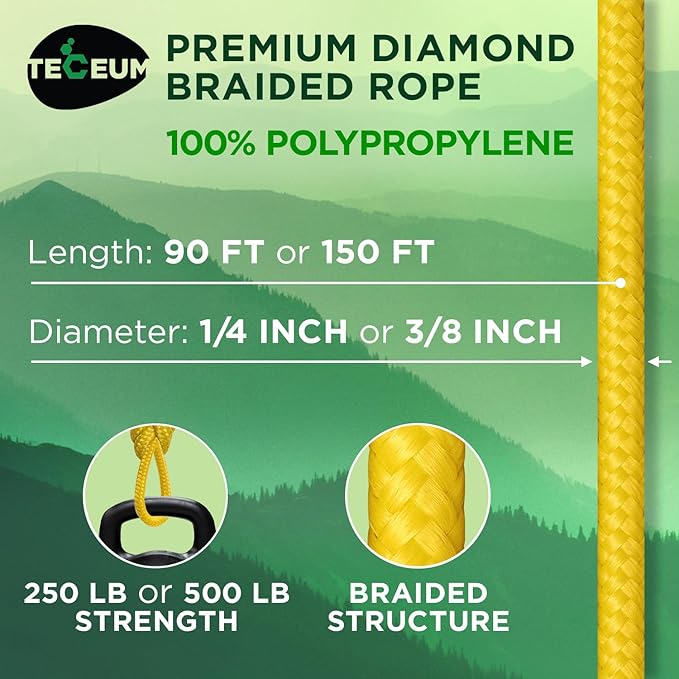 TECEUM Rope – 90 Feet x 1/4 Inch (7mm) – Yellow – Strong All-Purpose Utility Rope – Camping, Crafting, Flag Pole, Indoor & Outdoor – Polypropylene Nylon Poly Lightweight Diamond Braided Cord