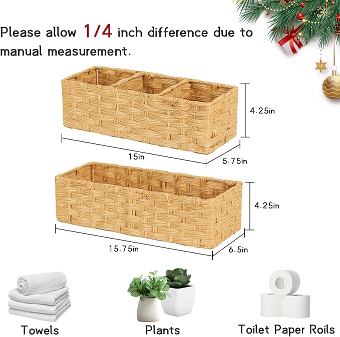 DULLEMELO Toilet Basket for Decor, Small Wicker Baskets for Storage Back of Toilet Tank Topper, Set of 2 Woven Storage Baskets for Bathroom Toilet Paper Holder Basket, Natural