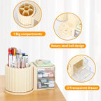 LETURE Rotating Office Desk Organizers and Accessories with 2 Drawer, Pencil Pen Marker Holder for Desk, Desktop Storage Organizers and Accessories for Office Home Art Supplies (Cream)