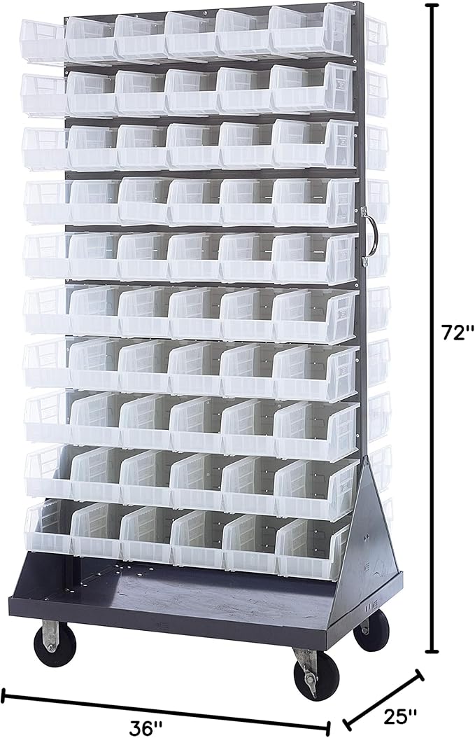 Quantum Storage Systems QMD-36H-230CL Mobile Double Sided Gray Louvered Rack System with Bins, 36” L x 25” W 72” H, Clear