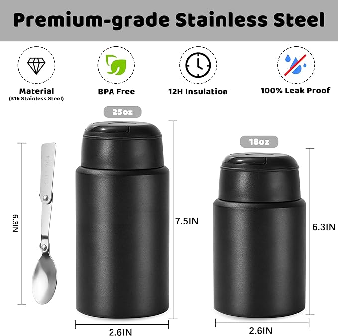 Thermo for Hot & Cold Food, 17oz Insulated Food Jar with Handle Spoon, Thermal Lunch Container, 316 Stainless Steel Lunch Box for Men Women, Keeps food Hot for 12 Hours or Cold for 24 Hours(Black)
