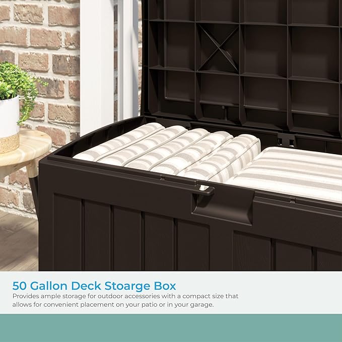 Suncast 50 Gallon Medium Capacity All Weather Construction Resin Outdoor Storage Deck Box with Bench Seat and Lid for Patio, Garden, or Pool, Java