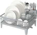 SONGMICS Dish Drying Rack, Kitchen Dish Rack, with Drainboard, 360° Rotatable and Extendable Spout, with Cutlery Holder, 12.2 x 16.5 x 7.3 Inches, Dove Gray UKCS550G01