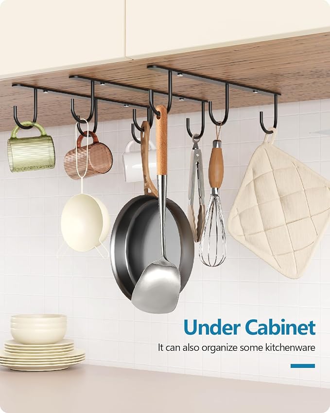 3 Pack Mug Hooks Under Cabinet, Coffee Mug Holder for Hanging Under Shelf, Cup Hanger with 9 Hooks for Displaying Mugs, Coffee Cups and Kitchen Utensils, Black