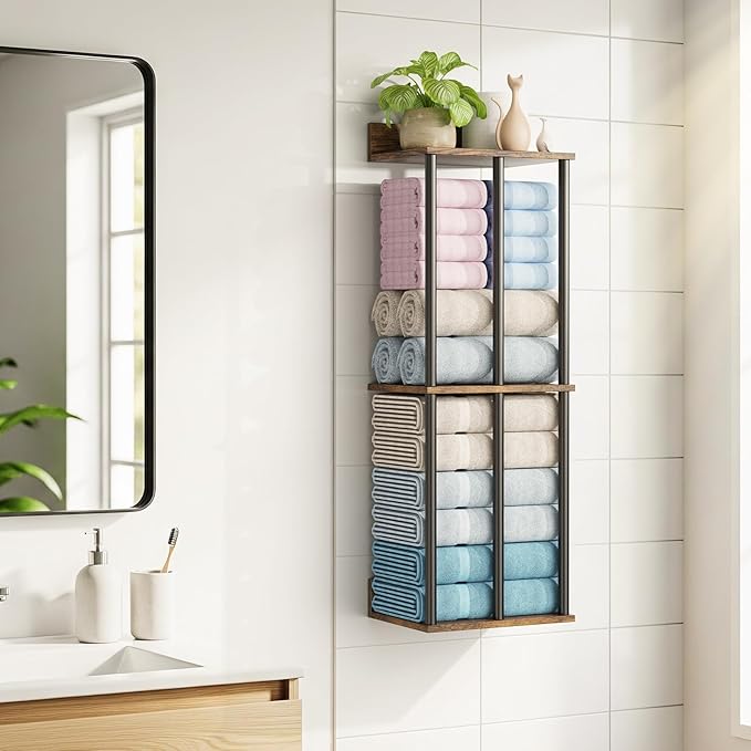 Towel Racks for Bathroom Wall Mounted, Upgraded Bathroom Towel Holder Bath Storage Rack for Rolled Towel, Small Towels, Folded Towels, Rustic Organizer Rack with Shelf